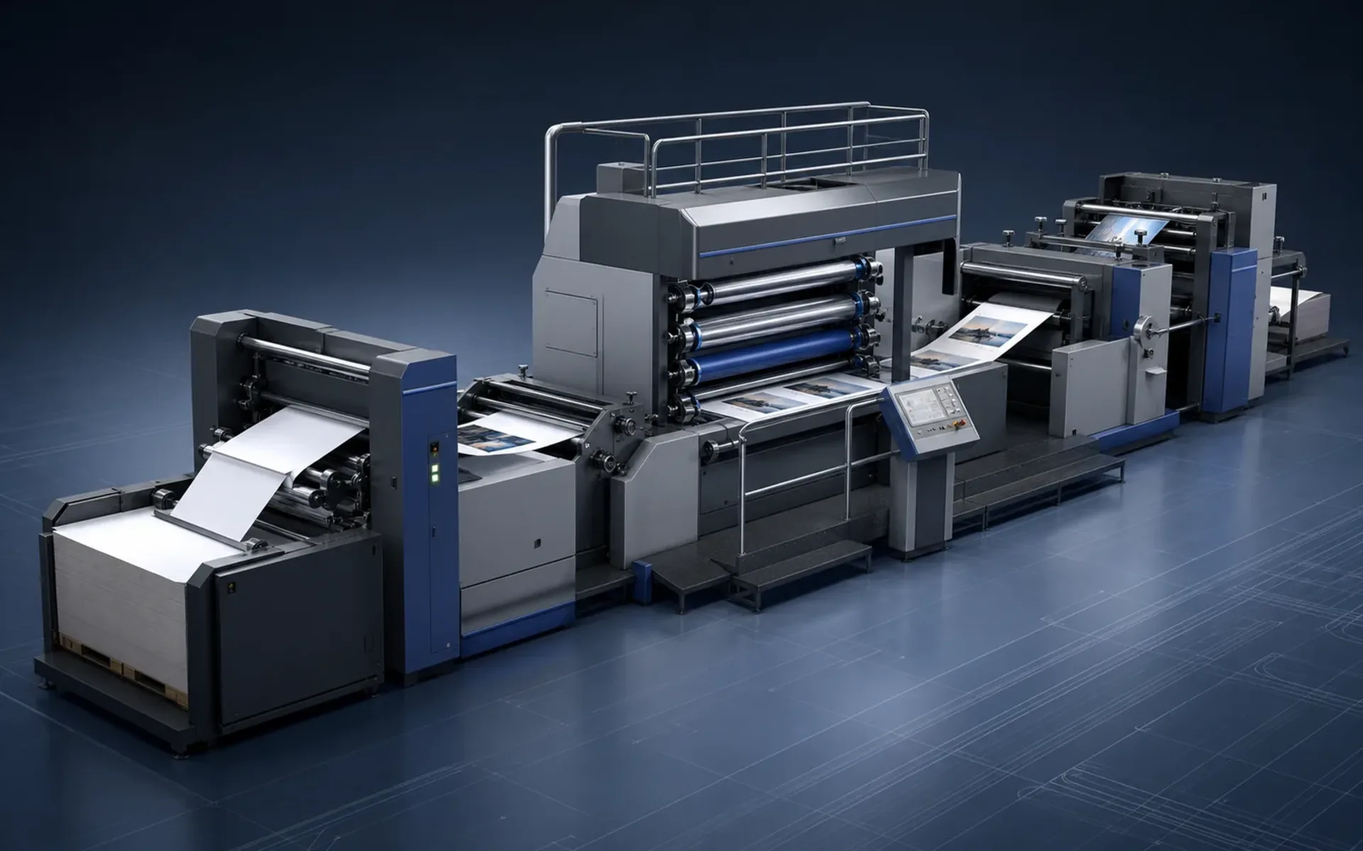 Illustrative concept of a configurable post-press laminating and coating line